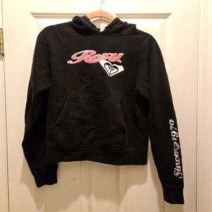 Vintage Y2K Roxy Hoodie Women's S Black Sweatshirt Cropped Logo Spell-out Cotton